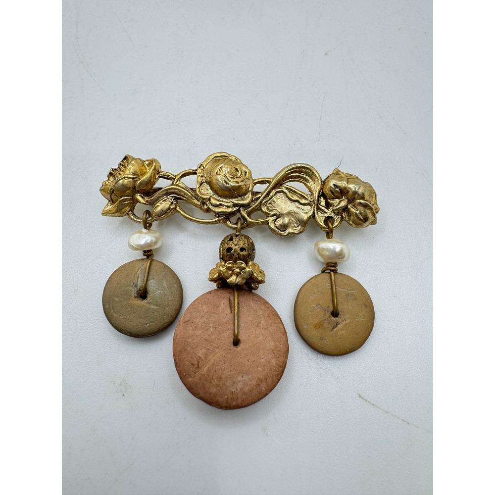 Vintage Gold Tone Rose Floral Brooch with Stone and Pearl Dangles Art Nouveau